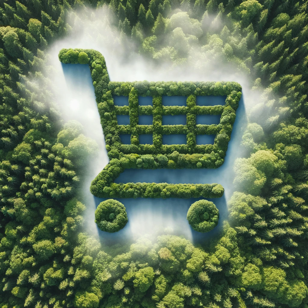 BDO dla sklepu internetowego – obowiązki, wytyczne i korzyści dla e-commerce Rejestracja BDO Kancelaria ds. ochrony środowiska DALL·E 2024 01 03 11.21.48 Aerial view of a forest clearing shaped like a hand drawn shopping cart surrounded by lush green trees and bushes with a mist hovering above the tr