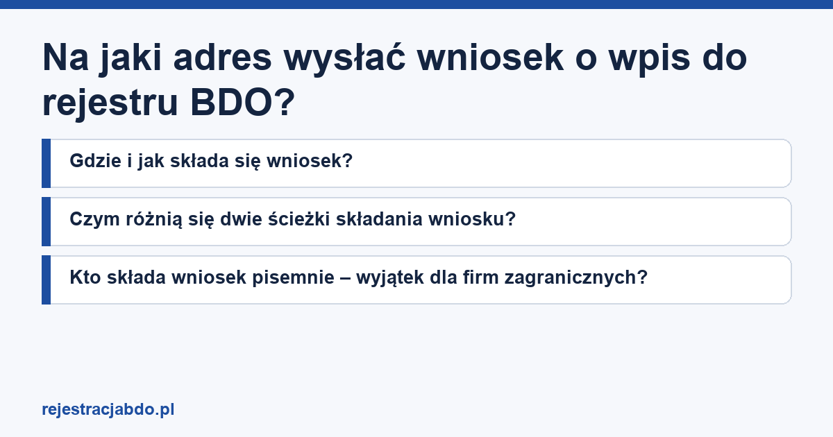 Plansza z tytułem artykułu: Na jaki adres wysłać wniosek o wpis do rejestru BDO?