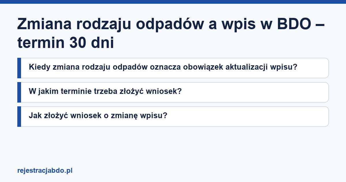 Karta artykułu: Zmiana rodzaju odpadów a wpis w BDO – termin 30 dni